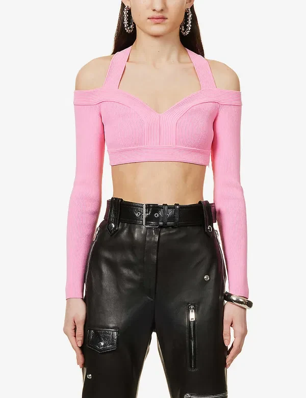 Alexander McQueen Pink Sweetheart Neck Cropped Rib Knit Long Sleeve Top - Imagen 6