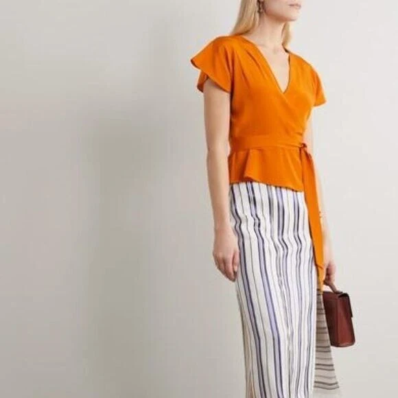 Diane Von Furstenberg DVF Orange Crepe De Chine Silk Wrap Blouse Top - Imagen 4