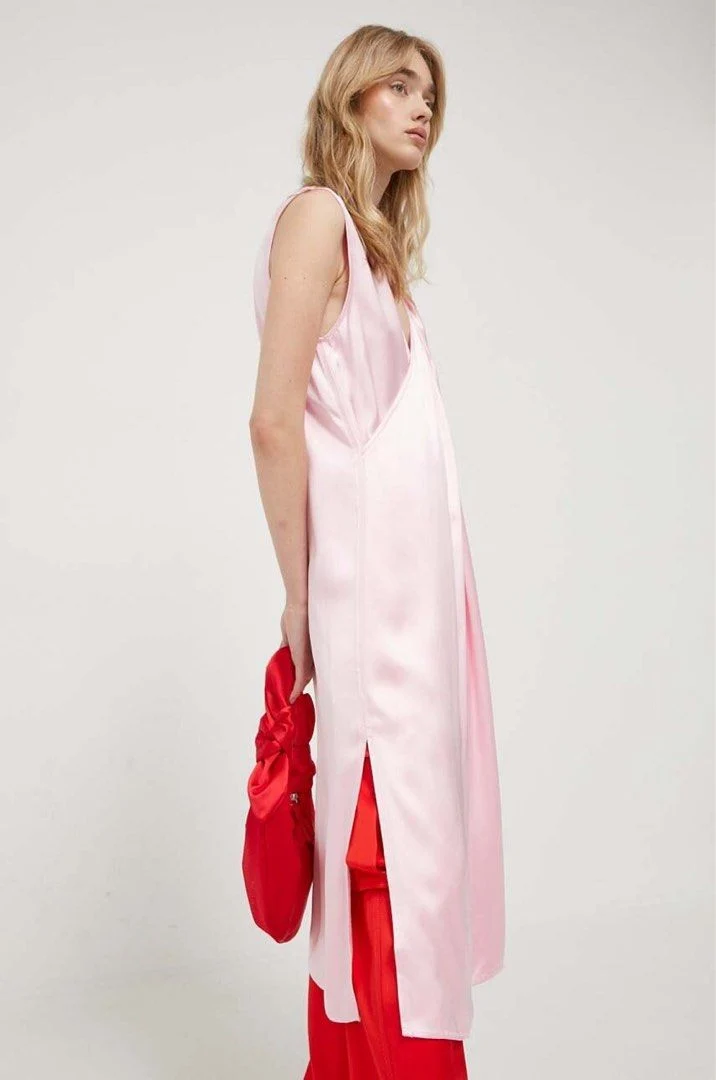 Stine Goya Pink Semi Heavy Satin V-Neck Sleeveless Midi Dress - Imagen 8