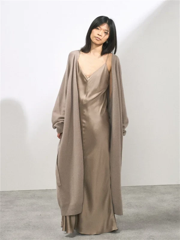 RAEY V-Neck Silk-Satin Beige Grey Maxi Dress - Imagen 8