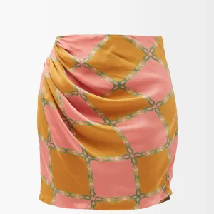 AHLUWALIA Silk Tumeric Pink Green Check Printed Tie Detail Skirt