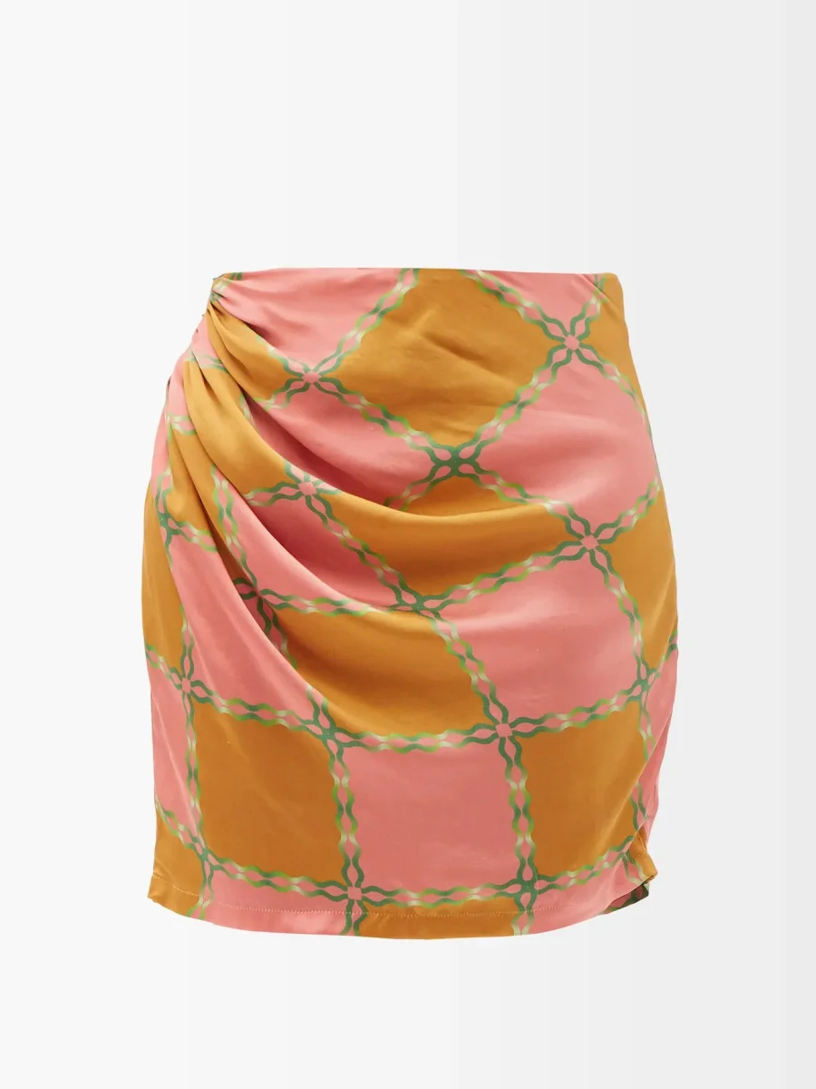 AHLUWALIA Silk Tumeric Pink Green Check Printed Tie Detail Skirt
