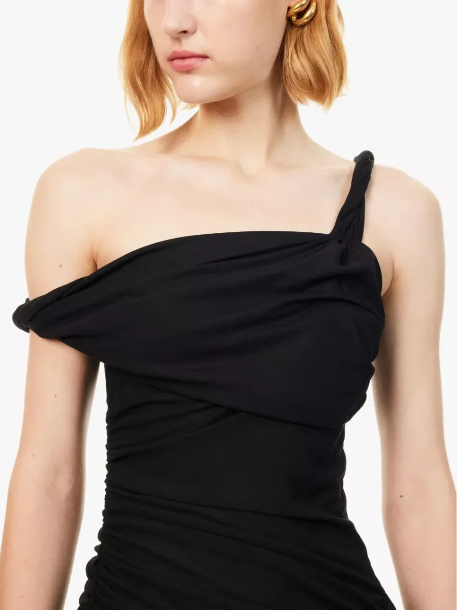 Reformation x Laura Harrier Alycia Black Knit Ruched Off Shoulder Midi Dress - Imagen 8