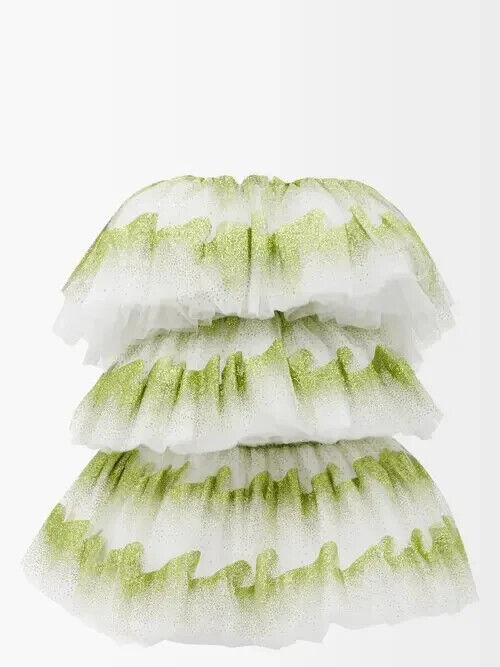 Halpern Shimmery Green Tiered Tulle Poofy Ruffle Strapless Mini Dress - Imagen 4
