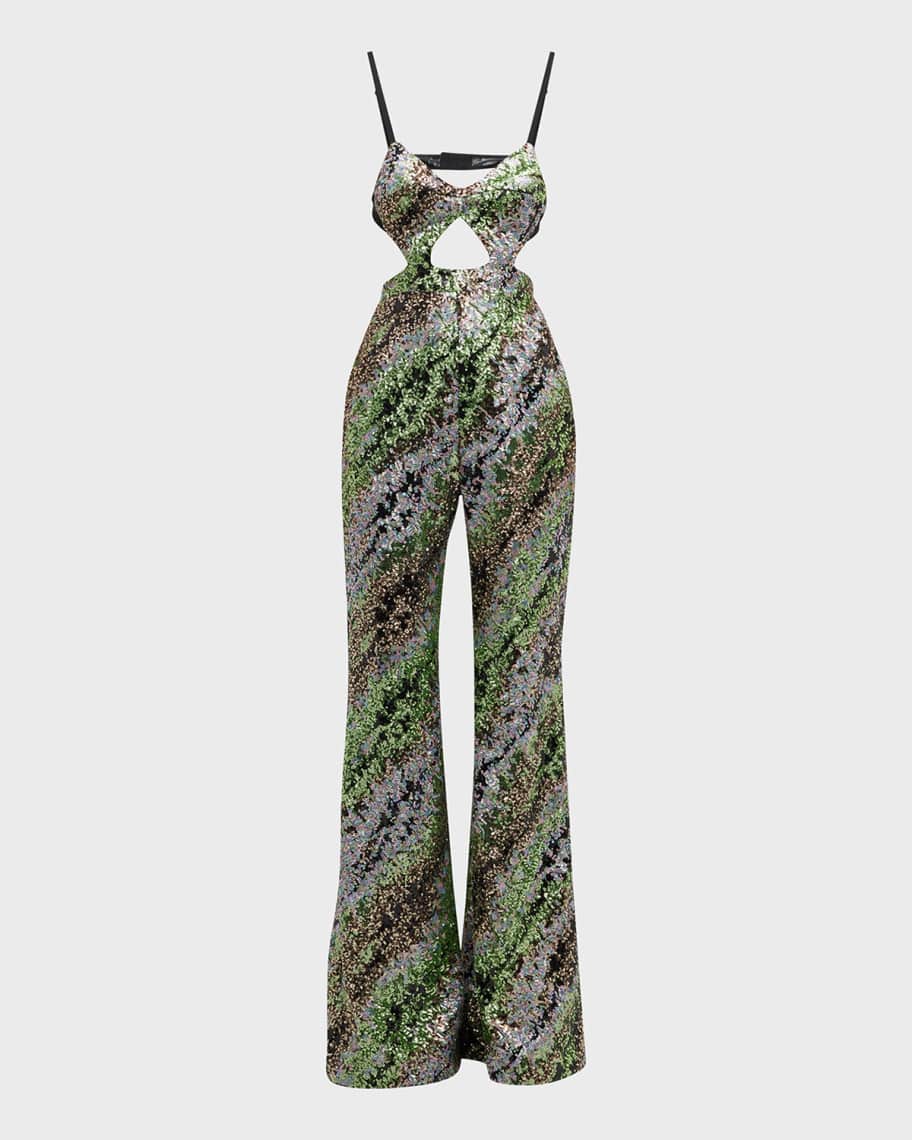 Halpern Sequin Emerald Green Cut-Out Bra Backless Party Mod 70s Jumpsuit - Imagen 3
