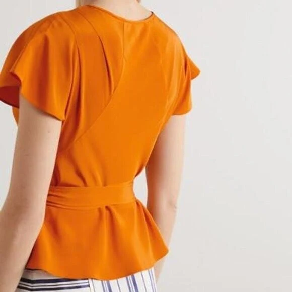 Diane Von Furstenberg DVF Orange Crepe De Chine Silk Wrap Blouse Top - Imagen 3