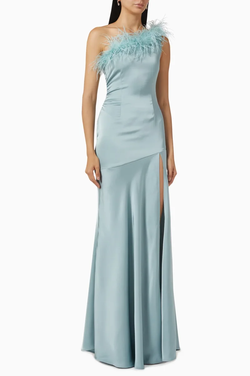 De La Vali Blue Satin Finca Feather Trim One Shoulder Gown Dress - Imagen 5
