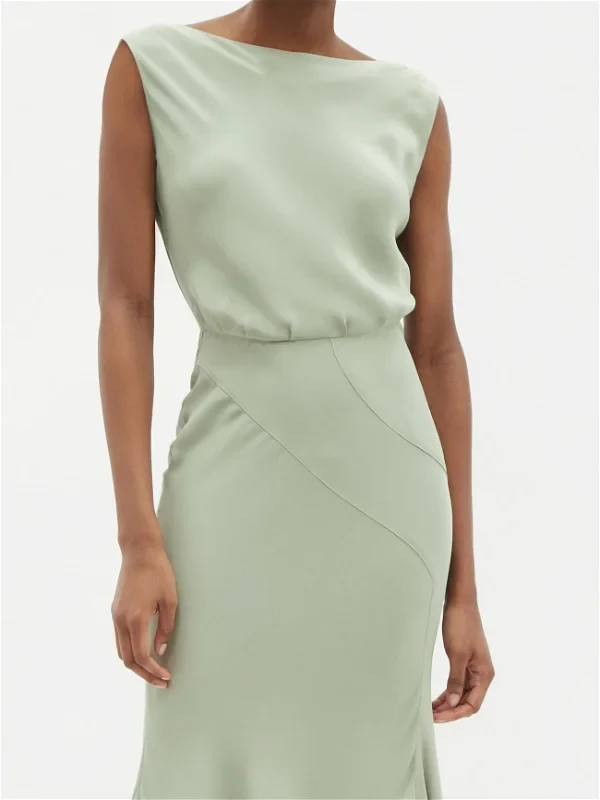 RAEY Cowl-Back Silk Seam Detail Pistachio Green Crepe De Chine Maxi Dress - Imagen 5