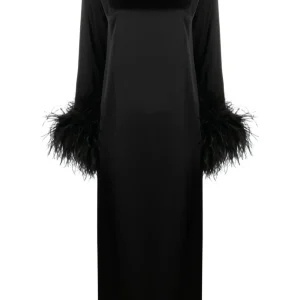 Sleeper Suzi Feather Cuffs Black Satin Maxi Dress
