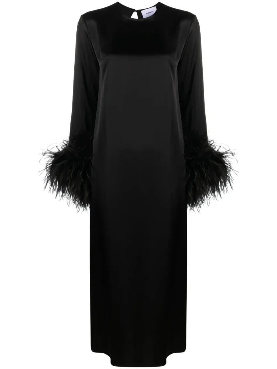 Sleeper Suzi Feather Cuffs Black Satin Maxi Dress - Imagen 2