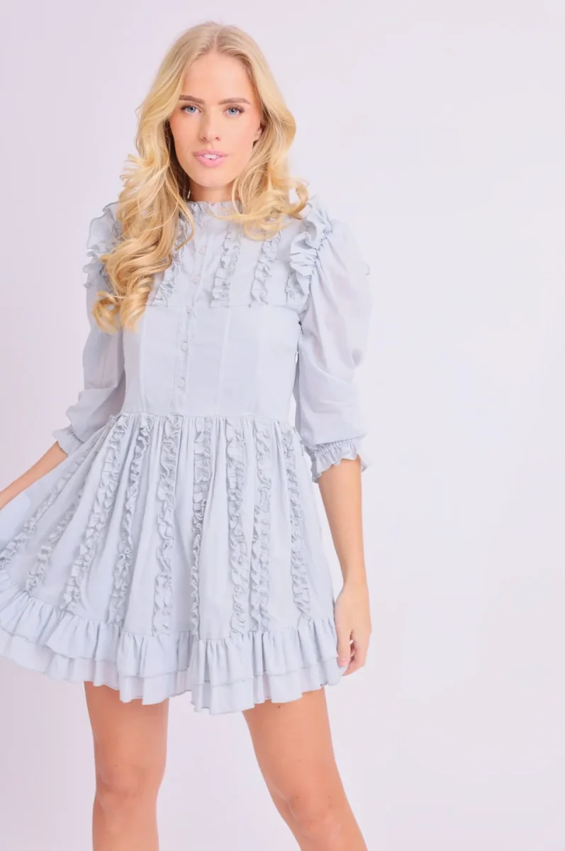 Amy Jane London Blue Annie Ruffle Pleat Detail Puff Sleeve Mini Dress - Imagen 5