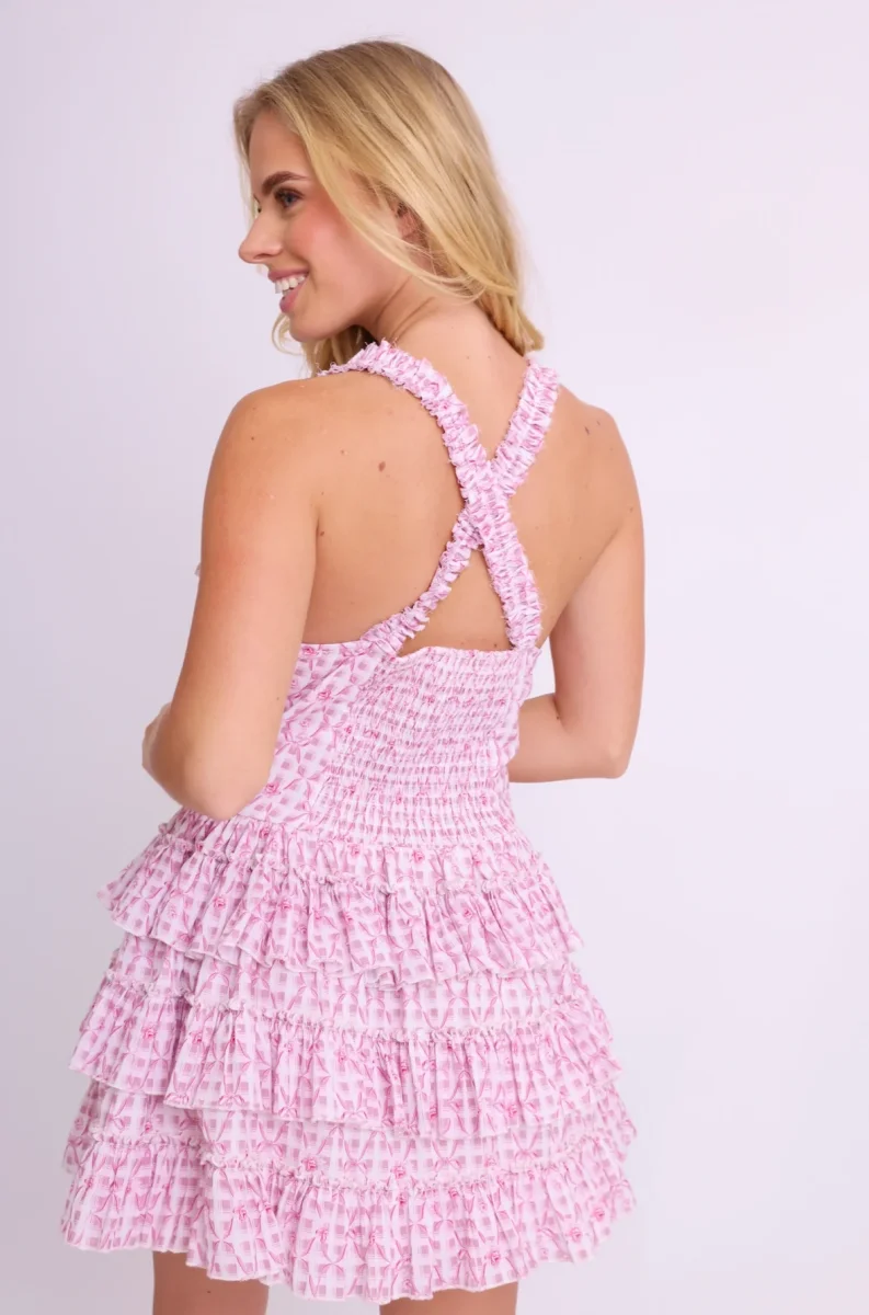 Amy Jane London Pink Ditsy Floral Bow Print Corset Lace Up Bodice Ruffle Tiered Mini Fairytale Iris Dress - Imagen 7