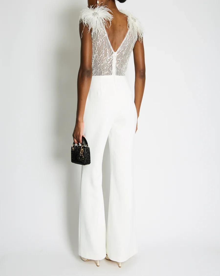 Nadine Merabi White Elissa Embellished Lace Feather Detail Jumpsuit - Imagen 4