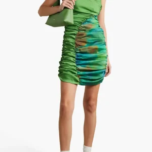 AHLUWALIA Jade Gathered Satin Sweetheart Neck Ruched Mini Dress