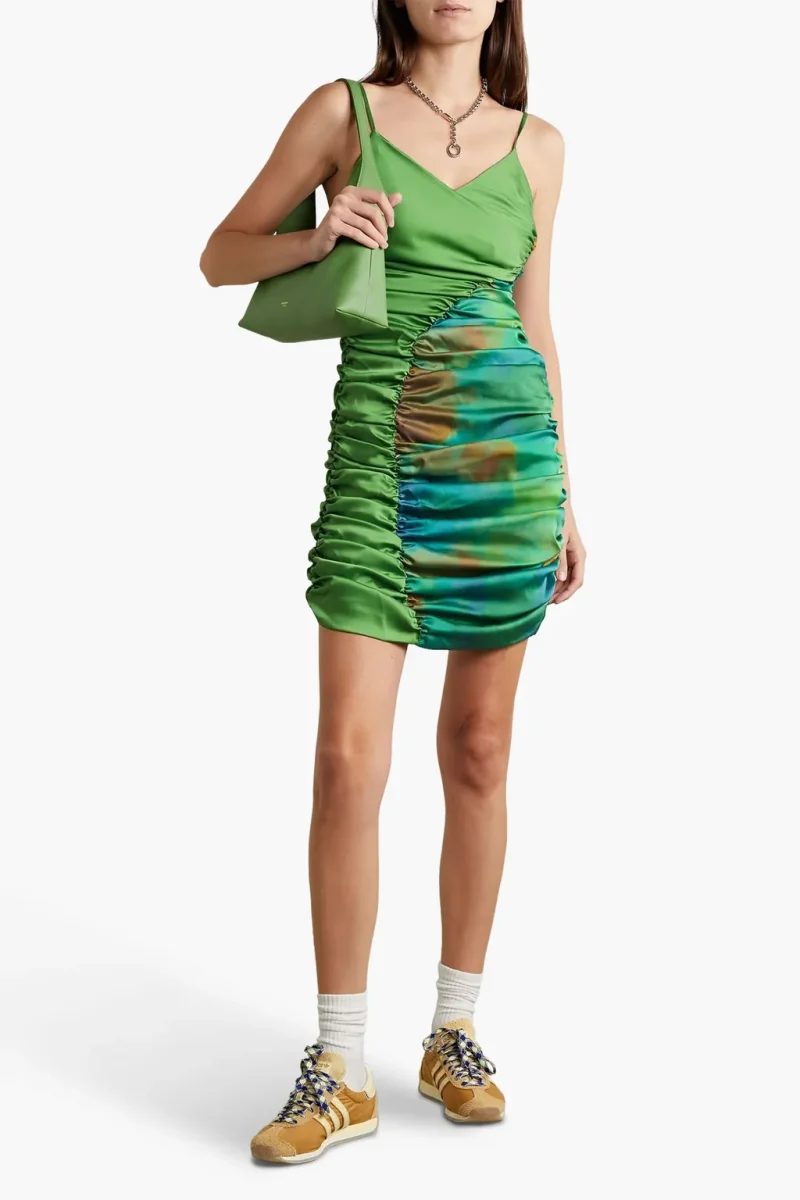 AHLUWALIA Jade Gathered Satin Sweetheart Neck Ruched Mini Dress