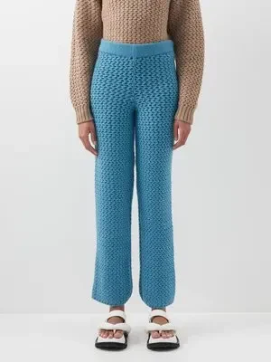 The Elder Statesman 100% Cashmere Rope Stitch Knitted Blue Trousers