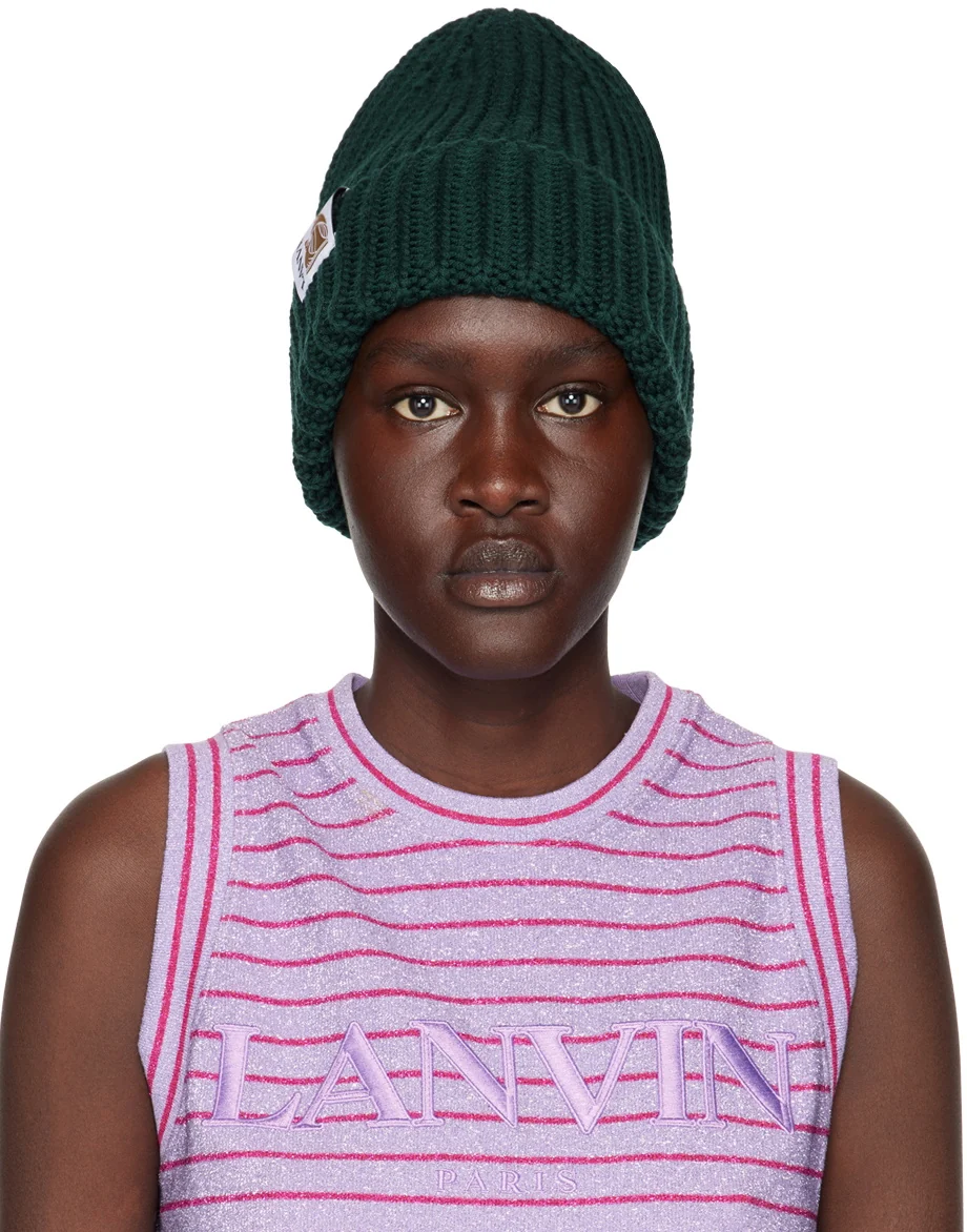 Lanvin Green Logo Tab Ribbed Knit Wool Beanie Hat - Imagen 6