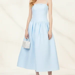 Self-Portrait Powder Blue Bow Detail Taffeta Flared Dress