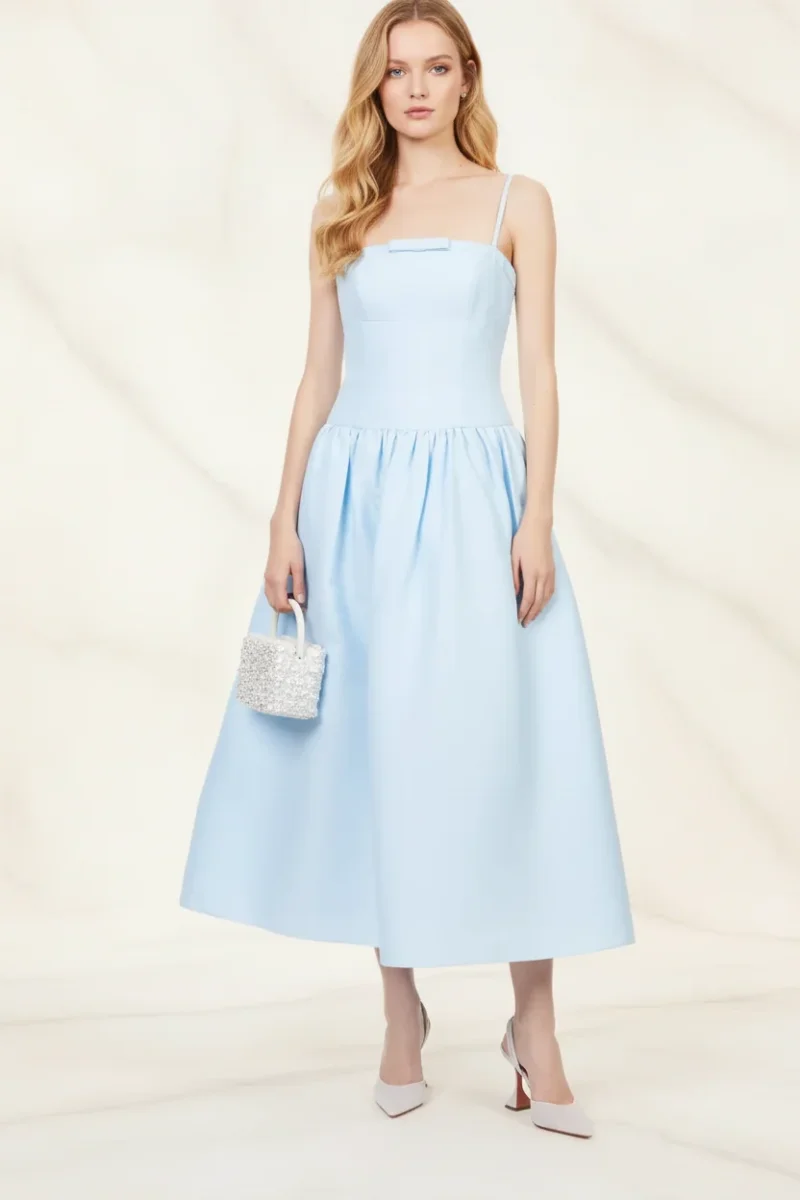 Self-Portrait Powder Blue Bow Detail Taffeta Flared Dress - Imagen 2