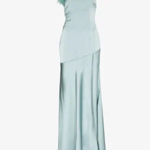 De La Vali Blue Satin Finca Feather Trim One Shoulder Gown Dress
