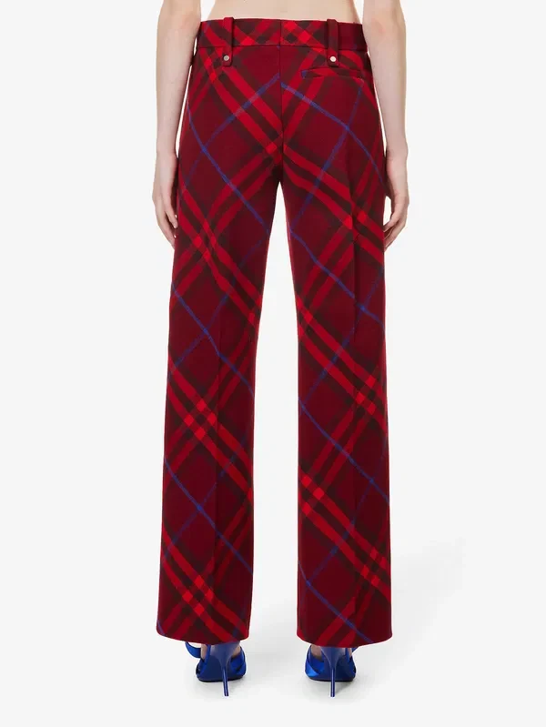 Burberry Checked Red Wool Straight Leg Mid Rise Trousers - Imagen 8