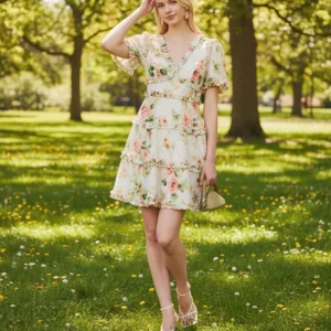 Needle and Thread Harlequin Floral Rose Print Ruffle Detail Mini Dress