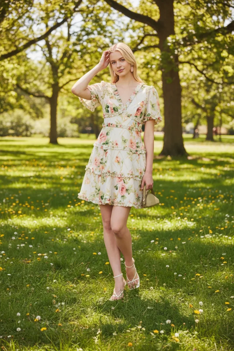 Needle and Thread Harlequin Floral Rose Print Ruffle Detail Mini Dress - Imagen 2