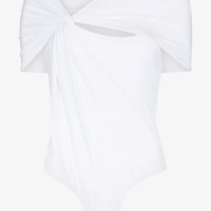 MAXIMILIAN DAVIS Disco White Asymmetric Draped Stretch-jersey Bodysuit Top