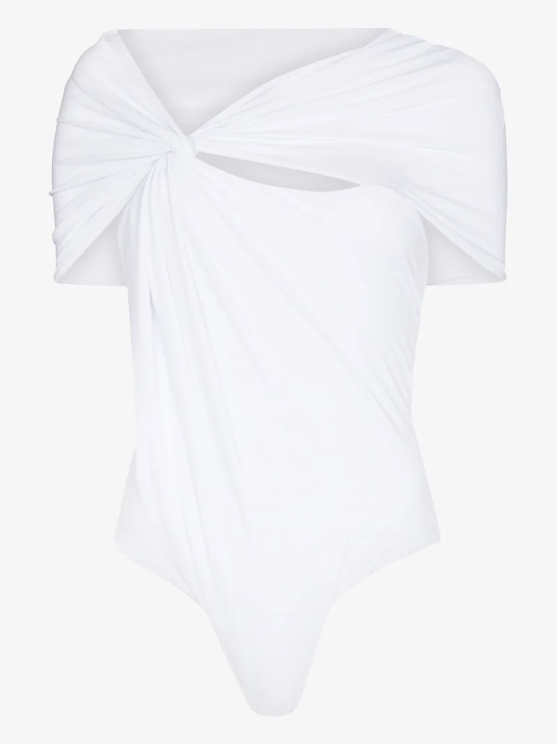MAXIMILIAN DAVIS Disco White Asymmetric Draped Stretch-jersey Bodysuit Top - Imagen 2
