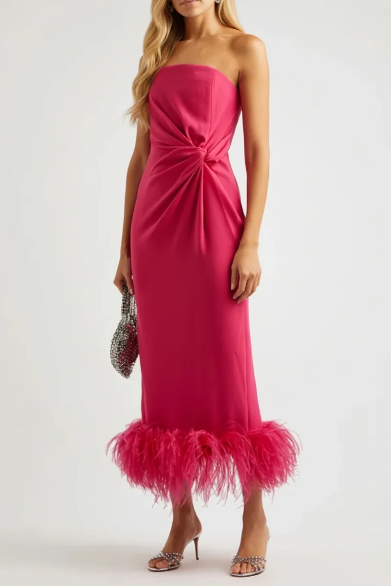 16Arlington Fuchsia Pink Himawari Feather Trim Satin Strapless Mini Dress