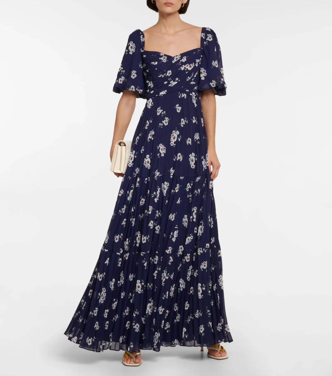 Self-Portrait Pansy Floral Blue Sweetheart Neck Pleated Chiffon Maxi Dress - Imagen 6