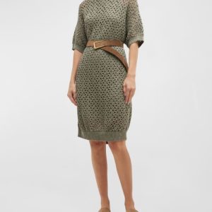 Brunello Cucinelli Green Crochet Open Knit Cotton Linen Silk Blend Dress