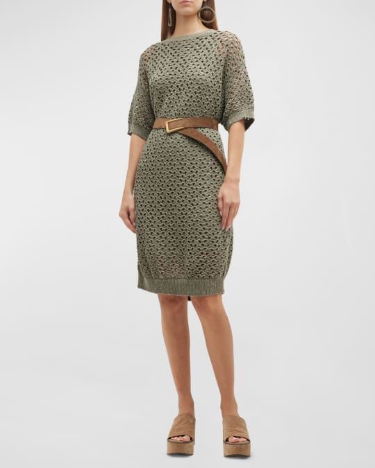 Brunello Cucinelli Green Crochet Open Knit Cotton Linen Silk Blend Dress - Imagen 2