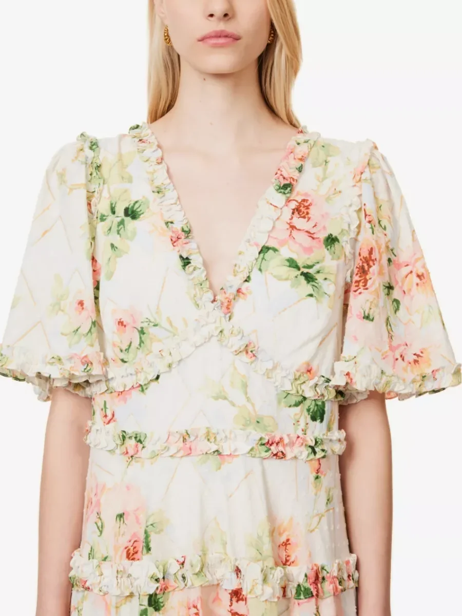 NEEDLE AND THREAD Harlequin Rose Floral Print Ruffle Flutter Sleeve Midi Dress - Imagen 6