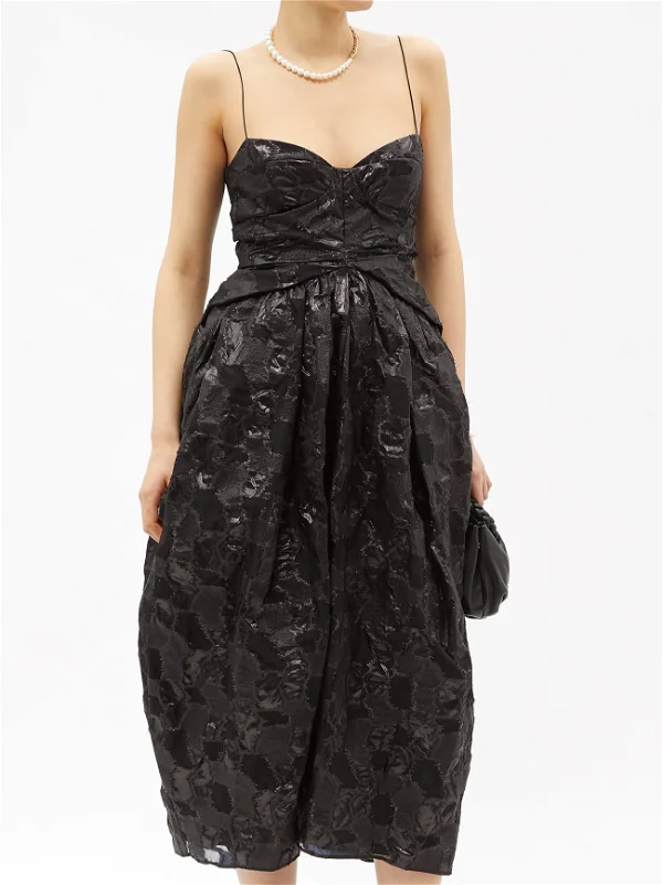 CECILIE BAHNSEN Jeorge Black Floral Print Woven Midi Dress - Imagen 4