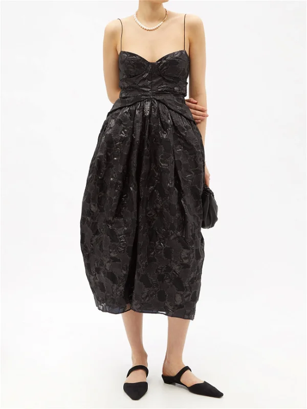 CECILIE BAHNSEN Jeorge Black Floral Print Woven Midi Dress - Imagen 3