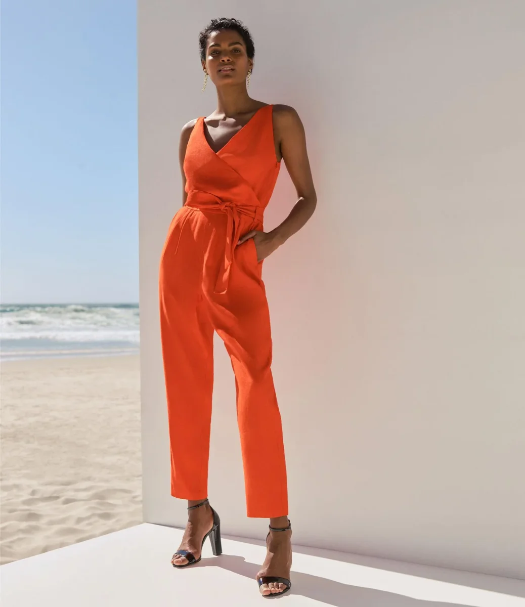 Karen Millen Orange Cinched Waist V Neck Linen Blend Jumpsuit - Imagen 7