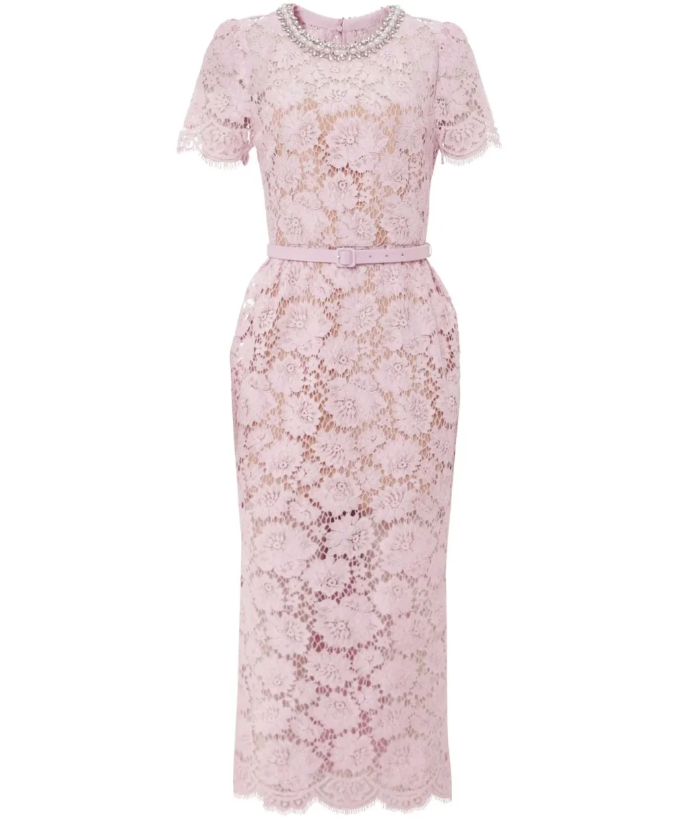 Self-Portrait Pink Floral Lace Pearl Embellished Neck Belted Midi Dress - Imagen 3