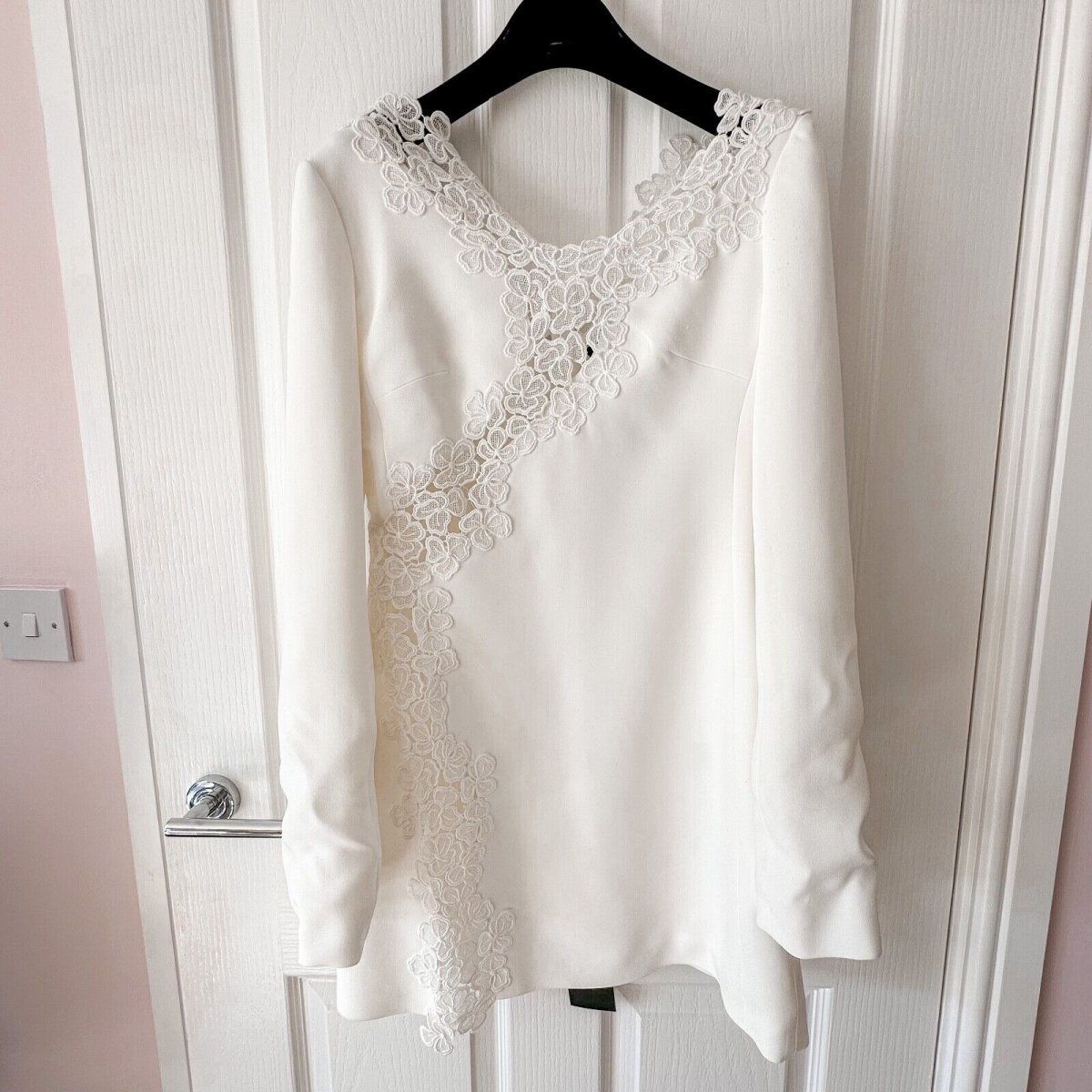 DAVID KOMA White Crepe Lace Macrame Trim Dress - Imagen 3