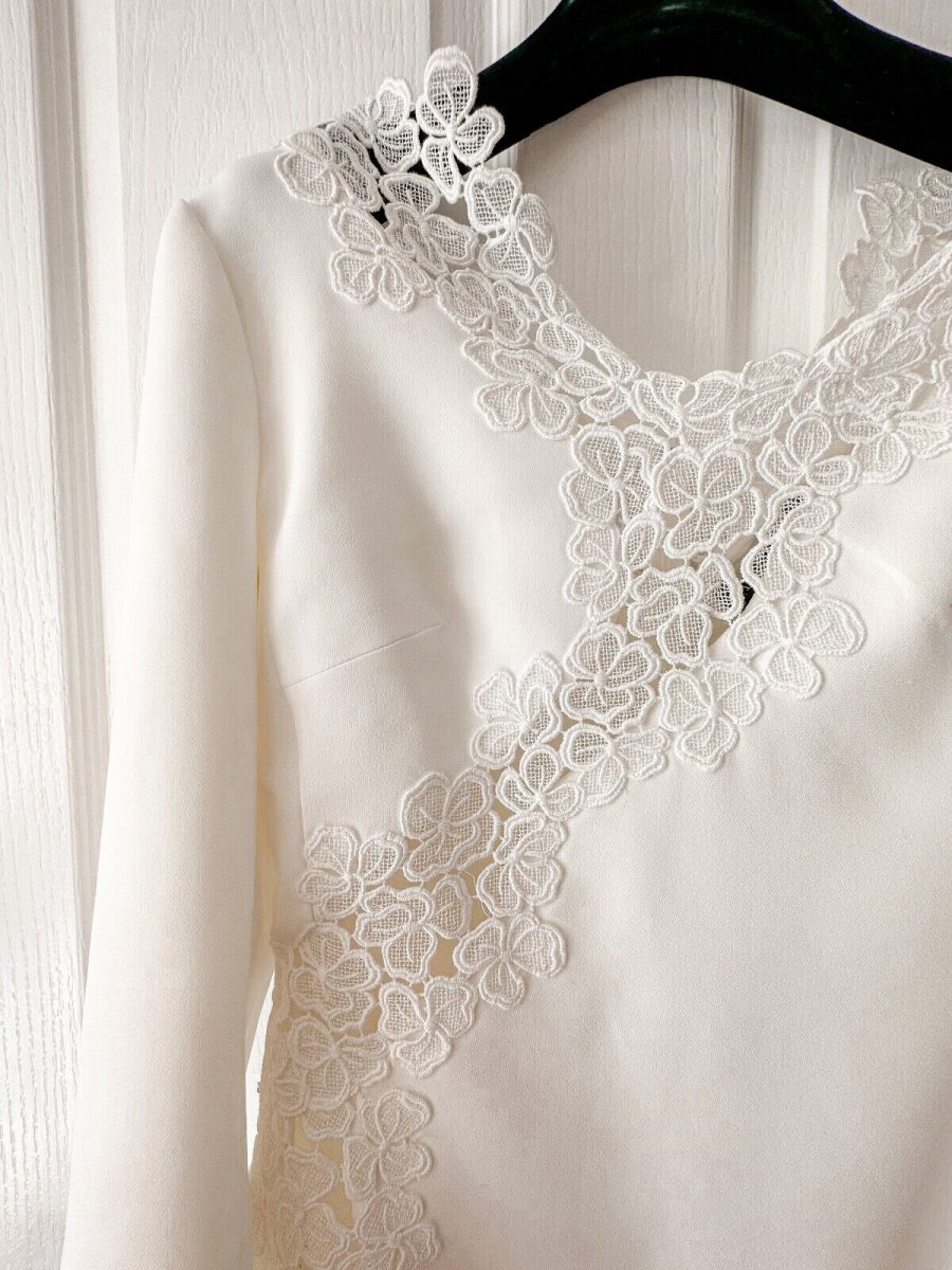 DAVID KOMA White Crepe Lace Macrame Trim Dress - Imagen 4