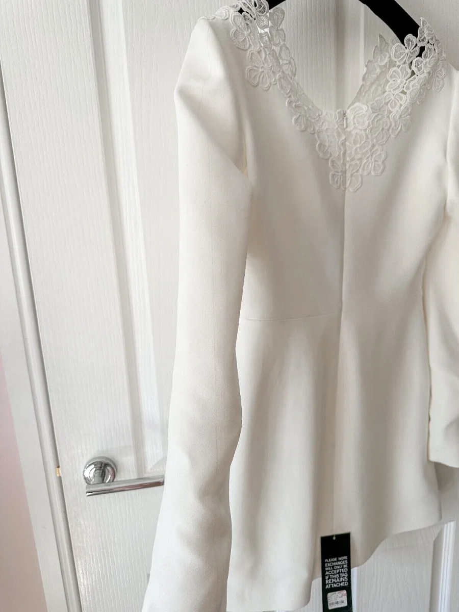 DAVID KOMA White Crepe Lace Macrame Trim Dress - Imagen 9
