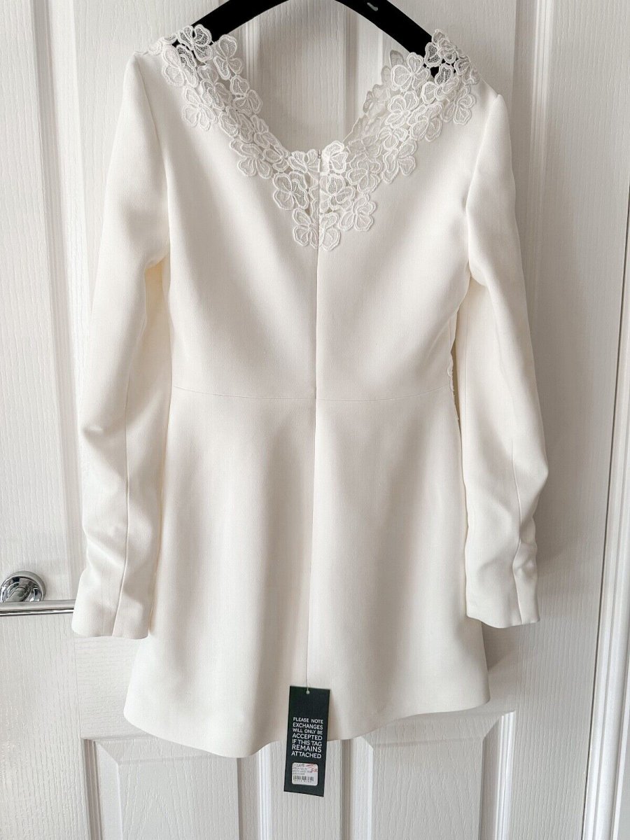 DAVID KOMA White Crepe Lace Macrame Trim Dress - Imagen 8