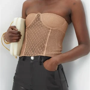 KHAITE The Lori Lace Knit Brown Bustier Top