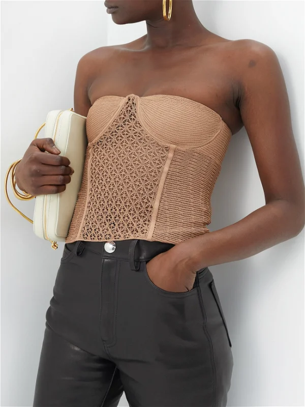 KHAITE The Lori Lace Knit Brown Bustier Top