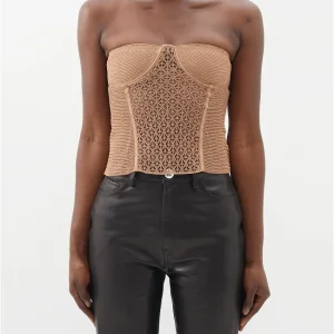 KHAITE The Lori Lace Almond Brown Corset Top