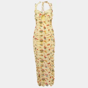 De La Vali Yellow Floral Print Georgette Pampapato Versailles Garden Midi Dress