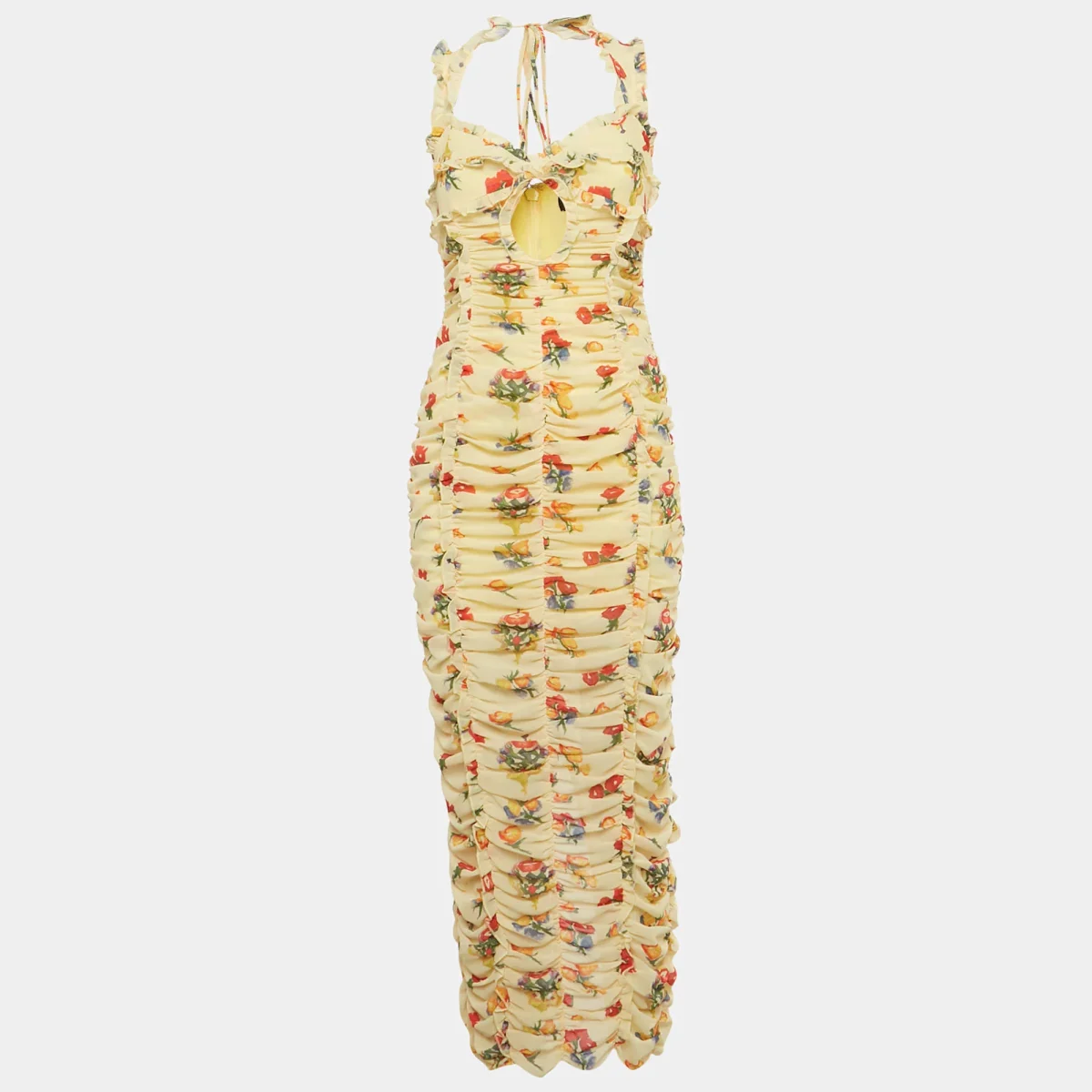 De La Vali Yellow Floral Print Georgette Pampapato Versailles Garden Midi Dress