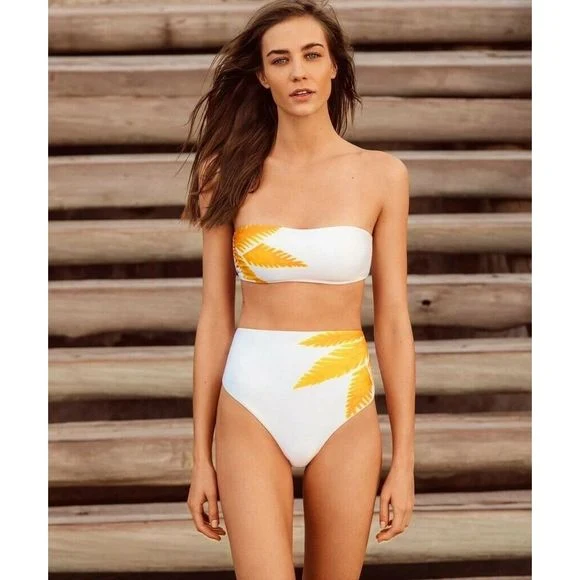 Vix Paula Hermanny White Yellow Palm Leaf Bandeau Bikini Top - Imagen 4