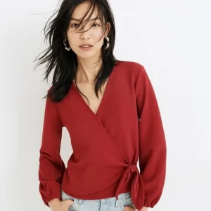 MADEWELL Texture & Thread Crossbody Wrap Top In Red Crepe