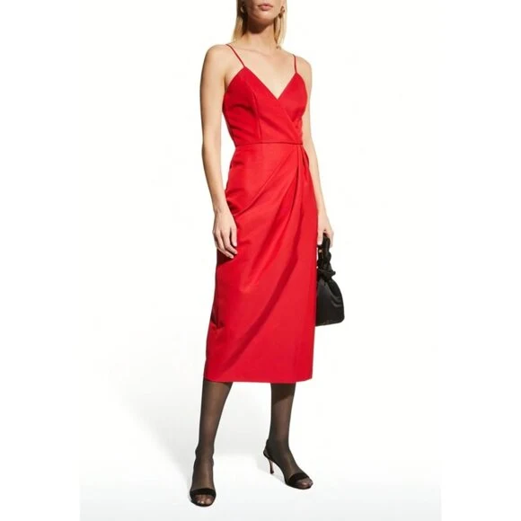 Carolina Herrera Runway Red Wrap Ruched Spaghetti Strap Pencil Silk Dress - Imagen 2